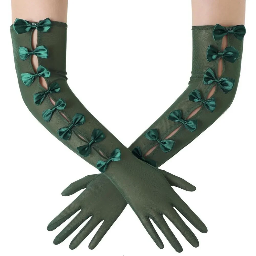 Women's Princess Green Long Sleeves Gloves Bow Lace Mesh Tulle Party Prom